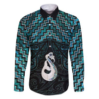 New Zealand Maori Family Matching Tank Maxi Dress and Hawaiian Shirt Poutama Manaia Turquoise Paua Shell LT05 Dad's Shirt - Long Sleeve Turquoise - Polynesian Pride