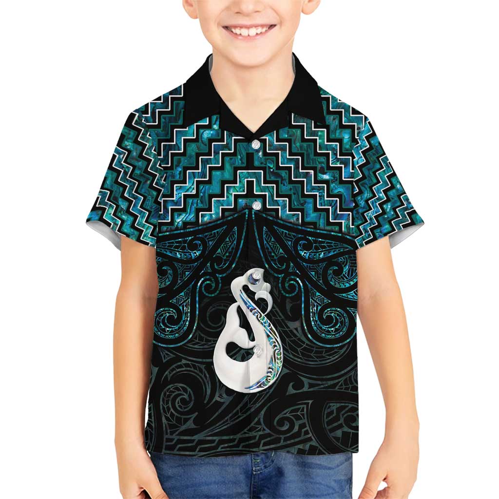 New Zealand Maori Family Matching Tank Maxi Dress and Hawaiian Shirt Poutama Manaia Turquoise Paua Shell LT05 Son's Shirt Turquoise - Polynesian Pride
