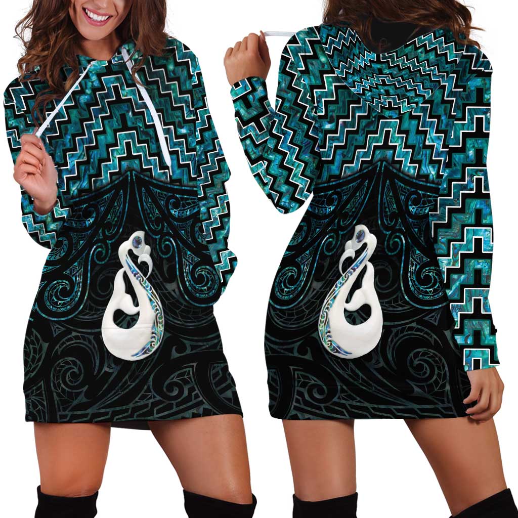 New Zealand Maori Hoodie Dress Poutama Manaia Turquoise Paua Shell