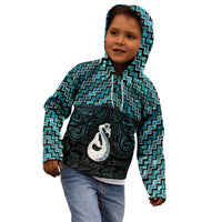 New Zealand Maori Kid Hoodie Poutama Manaia Turquoise Paua Shell