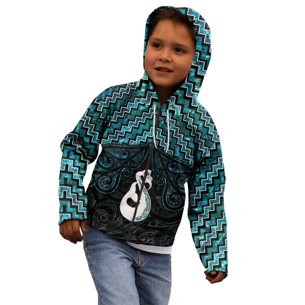 New Zealand Maori Kid Hoodie Poutama Manaia Turquoise Paua Shell