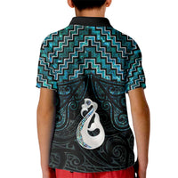 New Zealand Maori Kid Polo Shirt Poutama Manaia Turquoise Paua Shell