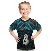 New Zealand Maori Kid T Shirt Poutama Manaia Turquoise Paua Shell