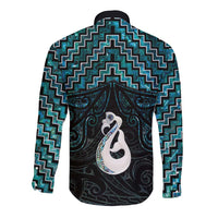 New Zealand Maori Long Sleeve Button Shirt Poutama Manaia Turquoise Paua Shell