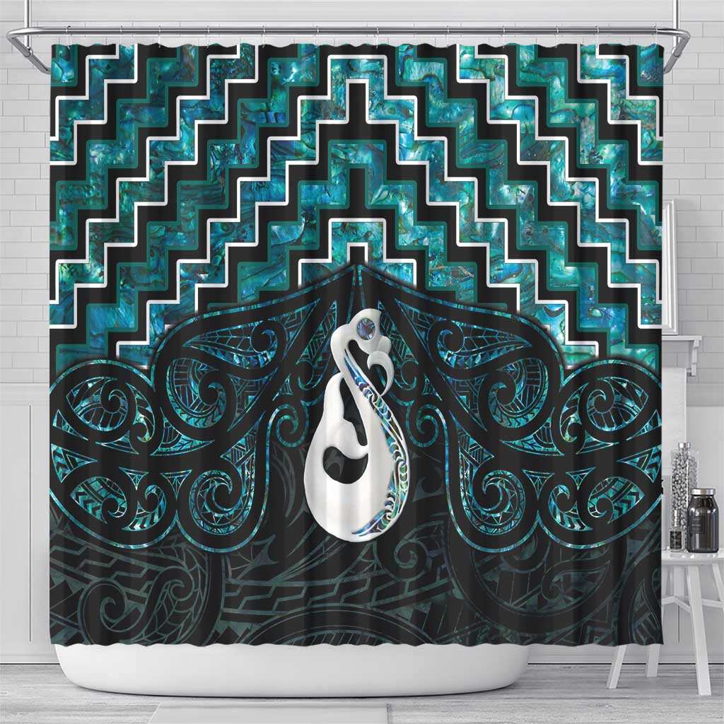New Zealand Maori Shower Curtain Poutama Manaia Turquoise Paua Shell LT05 - Polynesian Pride
