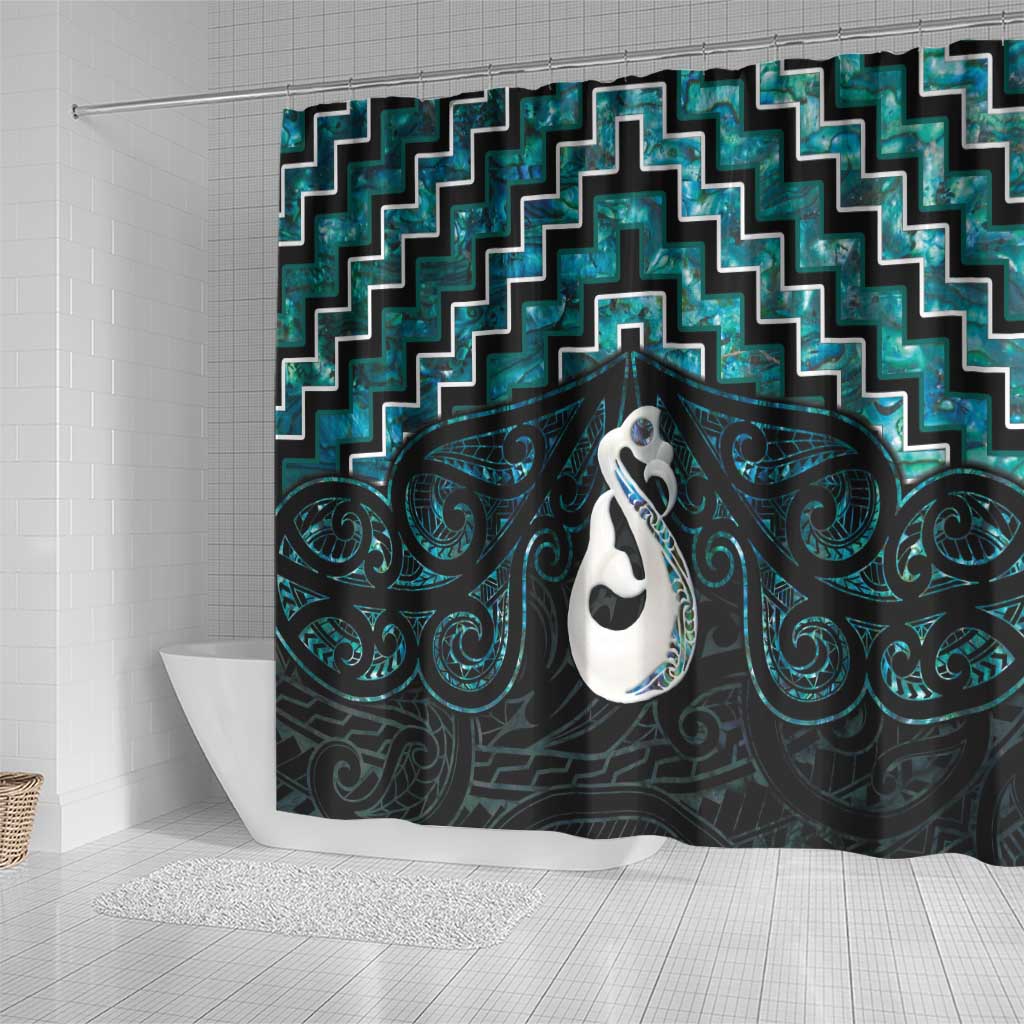 New Zealand Maori Shower Curtain Poutama Manaia Turquoise Paua Shell LT05 - Polynesian Pride
