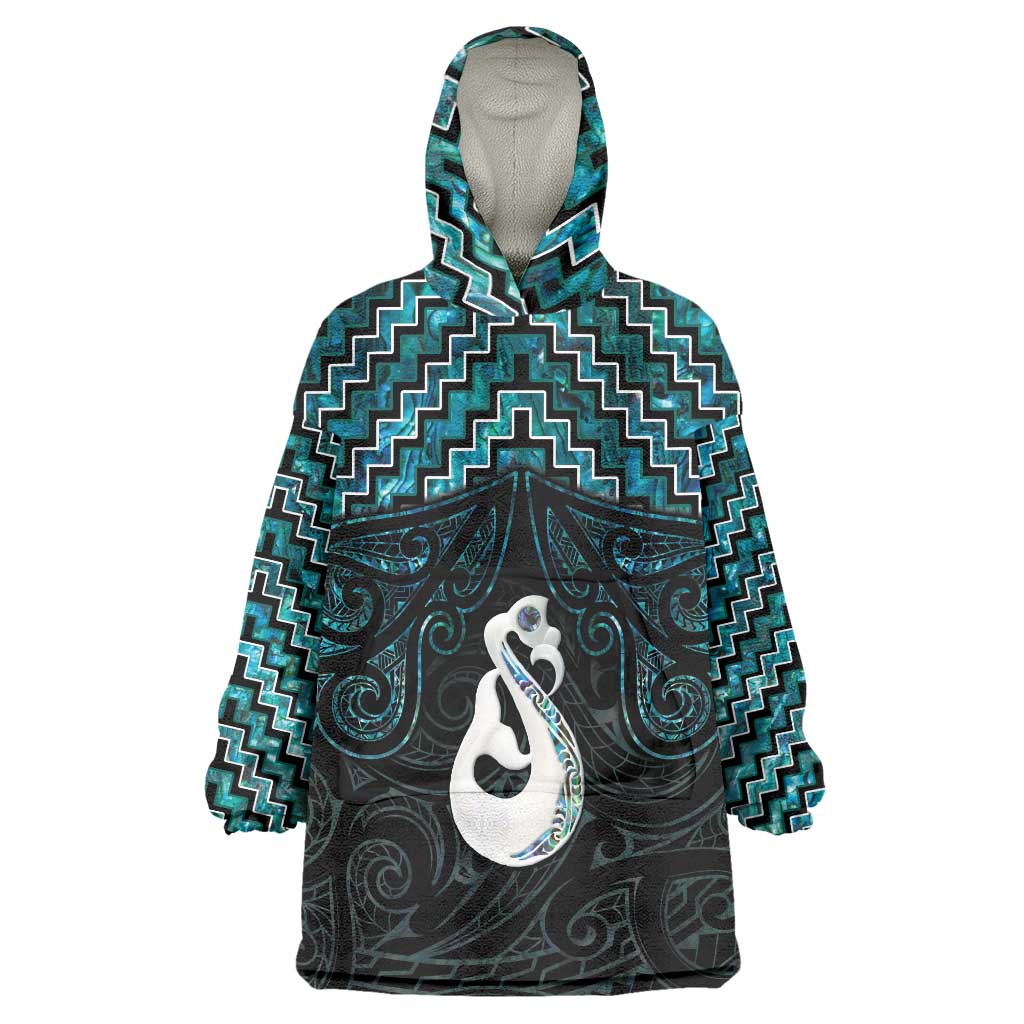 New Zealand Maori Wearable Blanket Hoodie Poutama Manaia Turquoise Paua Shell LT05 One Size Turquoise - Polynesian Pride