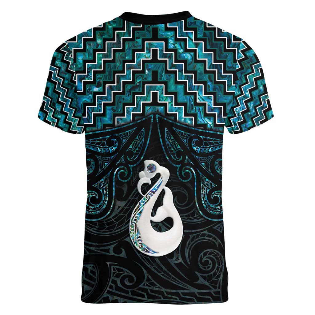New Zealand Maori Women V-Neck T-Shirt Poutama Manaia Turquoise Paua Shell