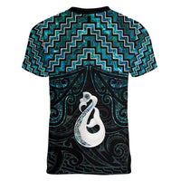 New Zealand Maori Women V-Neck T-Shirt Poutama Manaia Turquoise Paua Shell