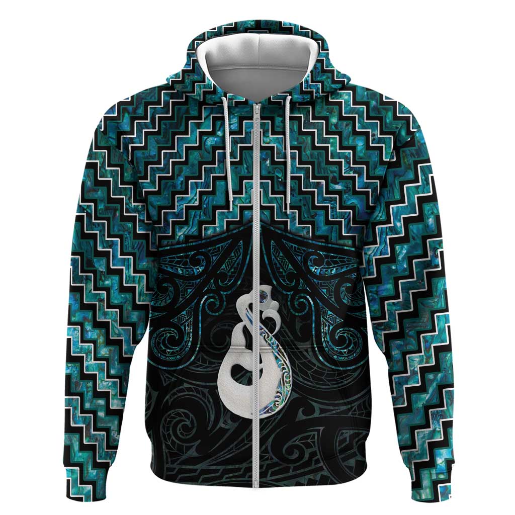 New Zealand Maori Zip Hoodie Poutama Manaia Turquoise Paua Shell LT05 Zip Hoodie Turquoise - Polynesian Pride