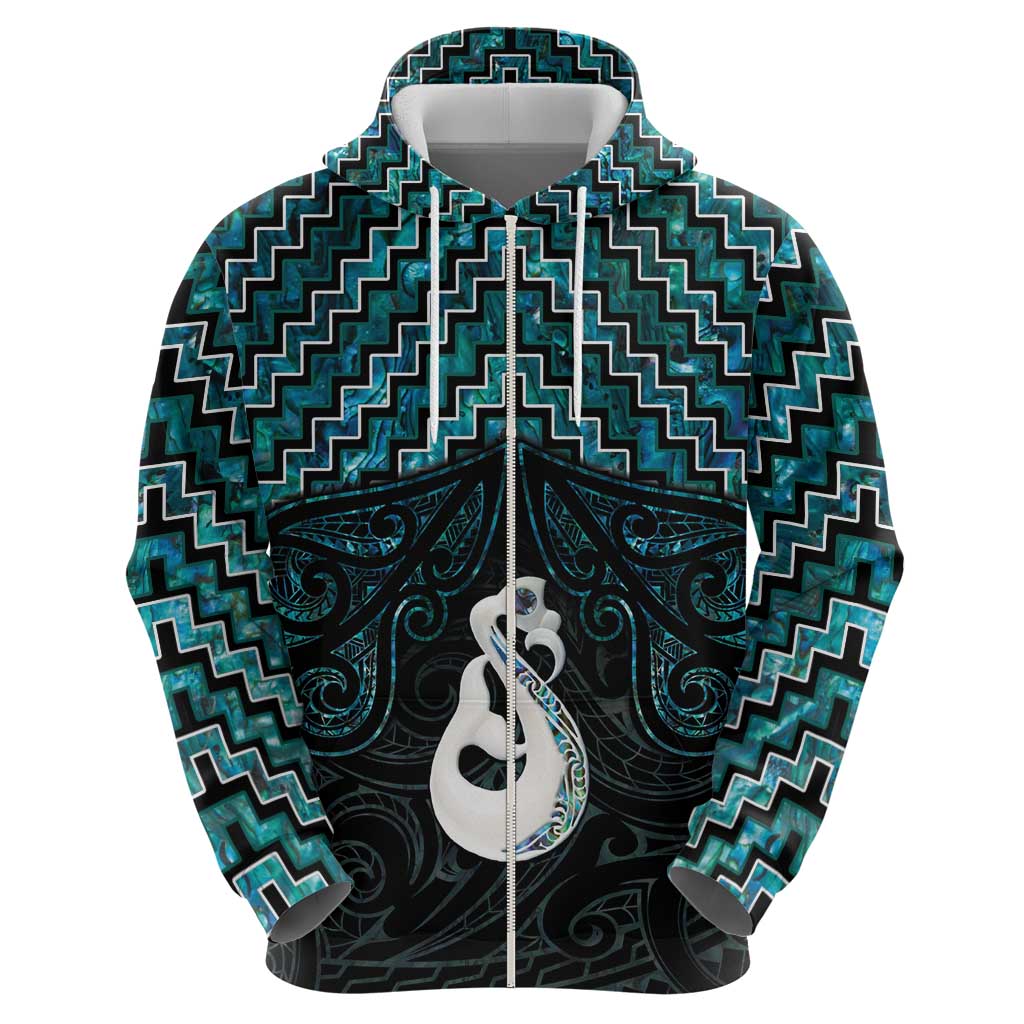 New Zealand Maori Zip Hoodie Poutama Manaia Turquoise Paua Shell LT05 - Polynesian Pride