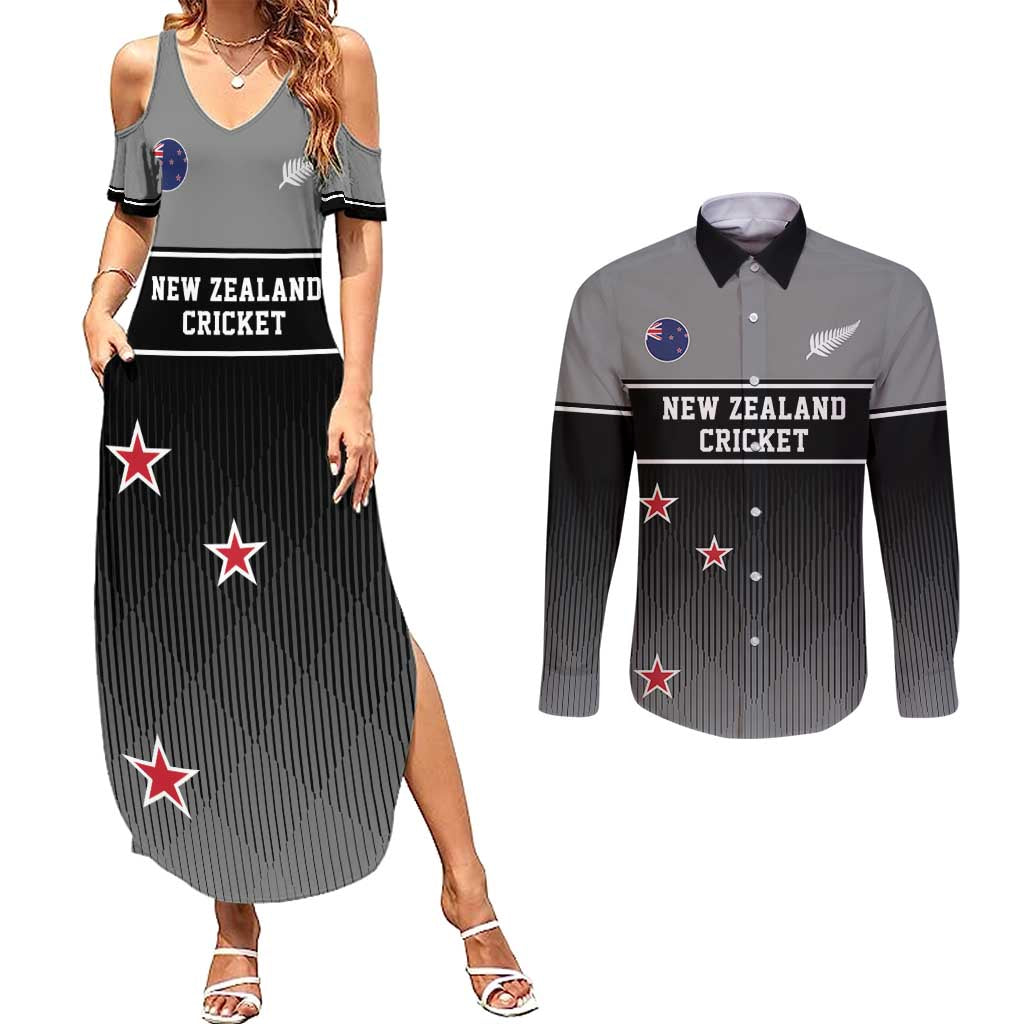 Custom New Zealand Cricket Couples Matching Summer Maxi Dress and Long Sleeve Button Shirt Black Cap Unbeatable