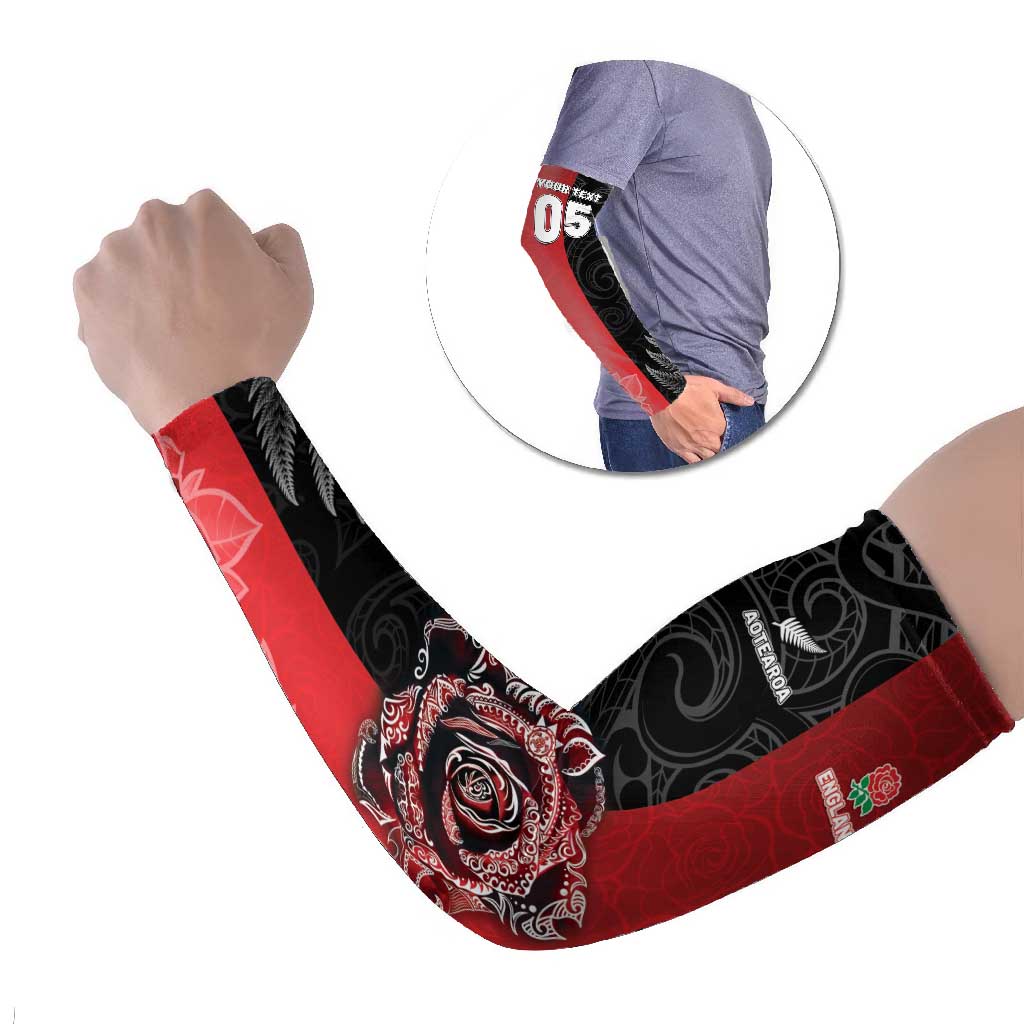 New Zealand And England Rugby Custom Arm Sleeves Red Rose Mix Maori Pattern - Polynesian Pride