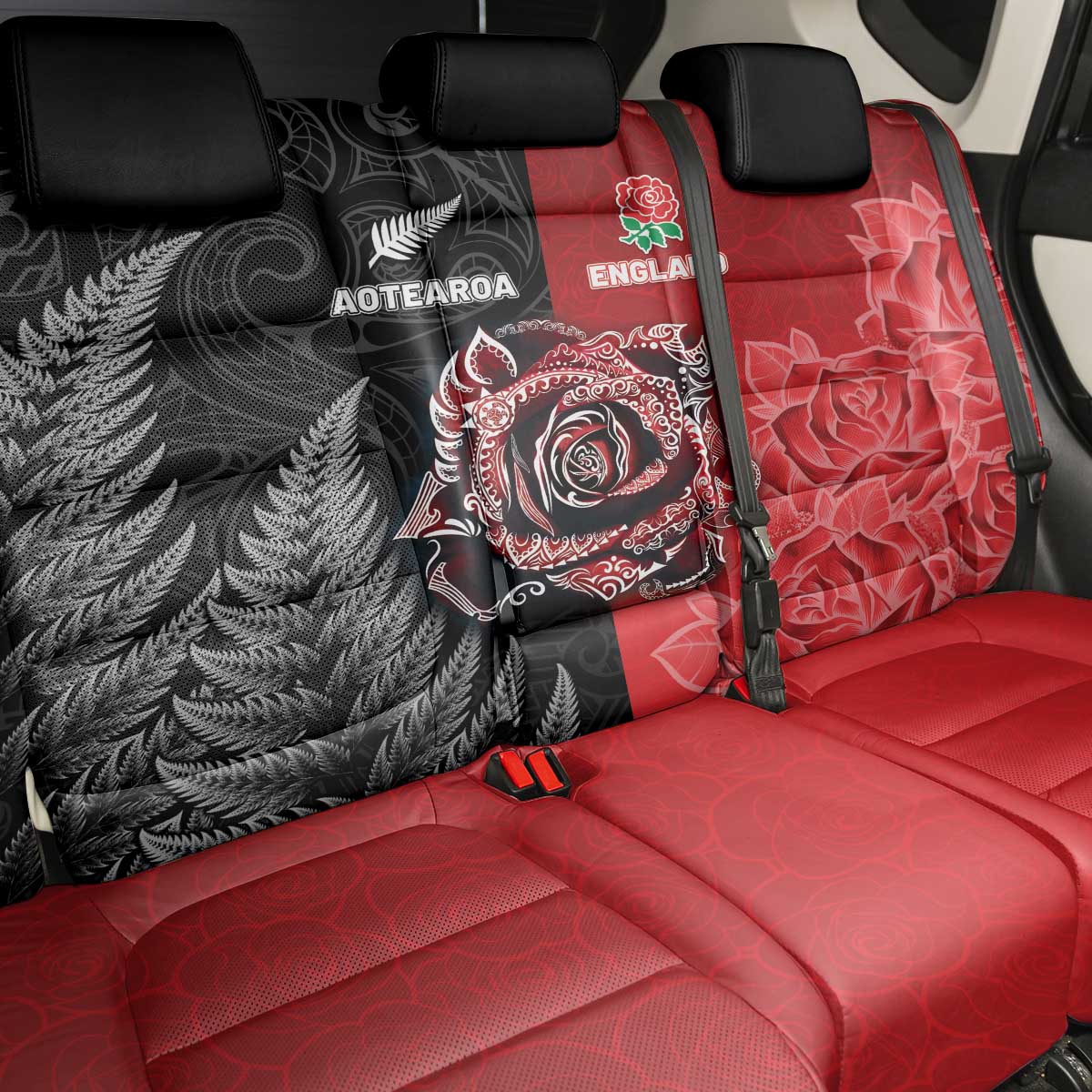 New Zealand And England Rugby Back Car Seat Cover Red Rose Mix Maori Pattern - Polynesian Pride