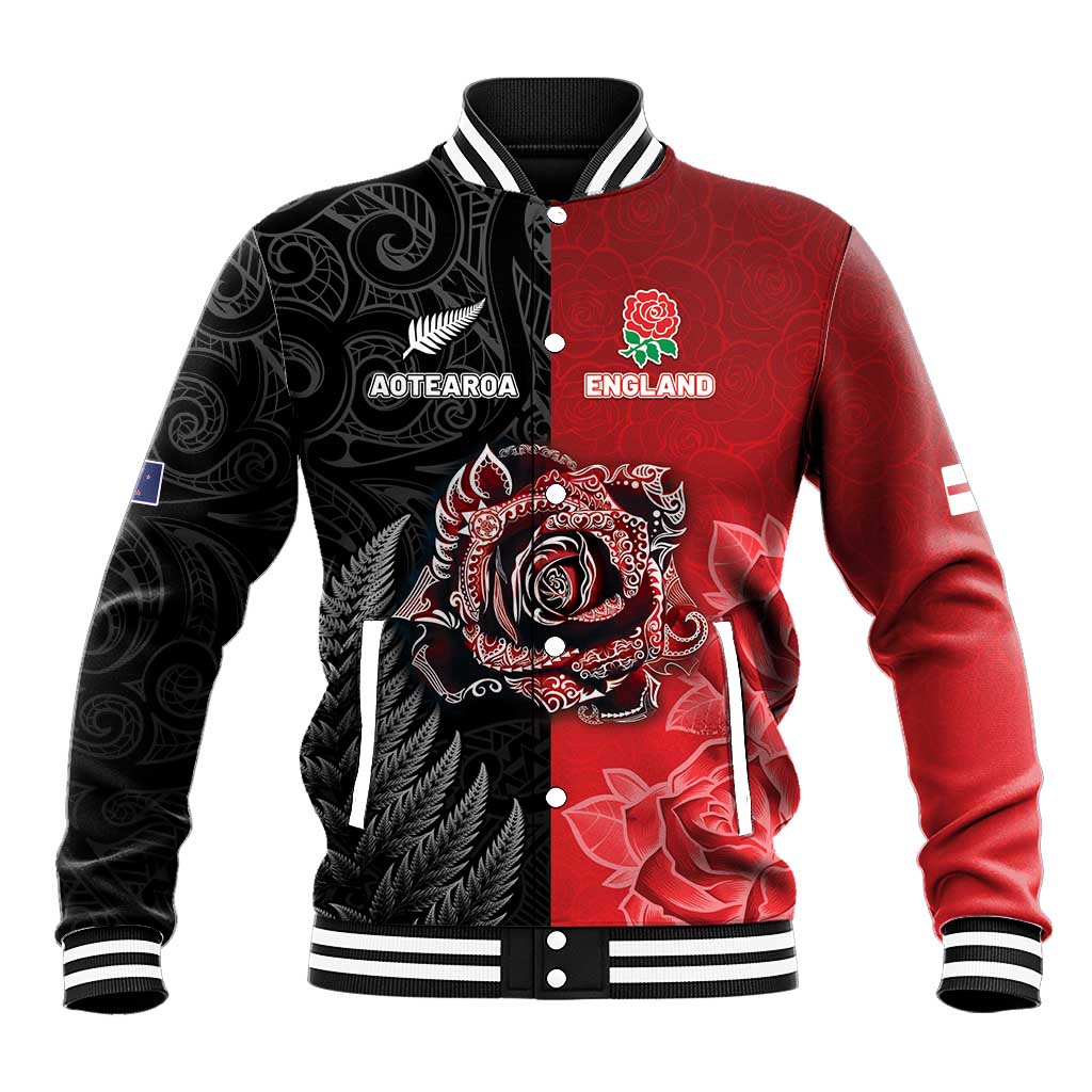 New Zealand And England Rugby Custom Baseball Jacket Red Rose Mix Maori Pattern LT05 Unisex Black - Polynesian Pride