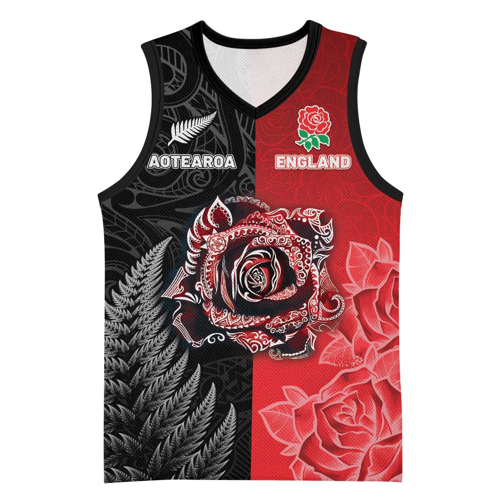 New Zealand And England Rugby Custom Basketball Jersey Red Rose Mix Maori Pattern LT05 Unisex Black - Polynesian Pride