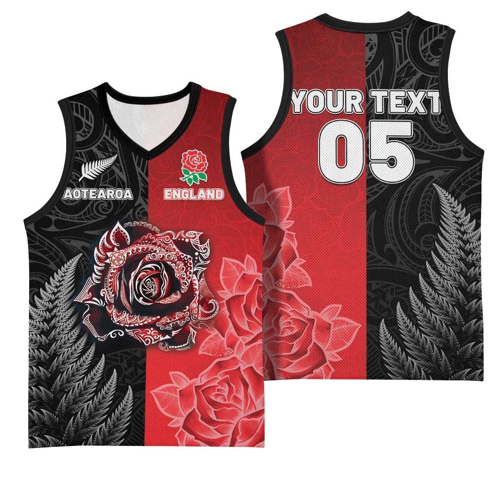 New Zealand And England Rugby Custom Basketball Jersey Red Rose Mix Maori Pattern - Polynesian Pride