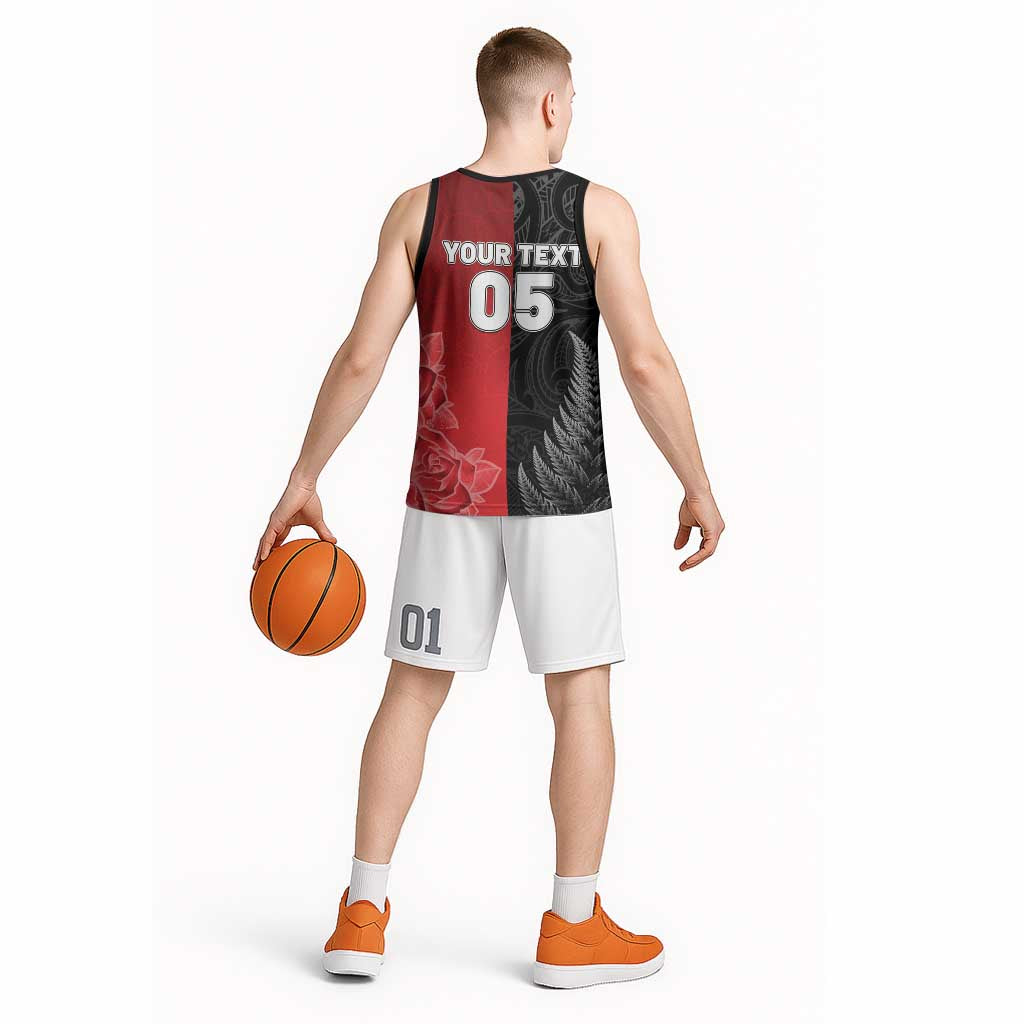 New Zealand And England Rugby Custom Basketball Jersey Red Rose Mix Maori Pattern - Polynesian Pride