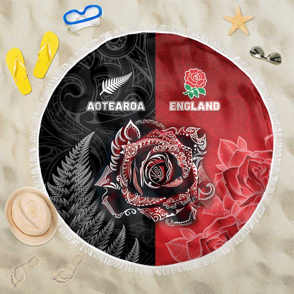New Zealand And England Rugby Beach Blanket Red Rose Mix Maori Pattern - Polynesian Pride