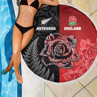 New Zealand And England Rugby Beach Blanket Red Rose Mix Maori Pattern - Polynesian Pride
