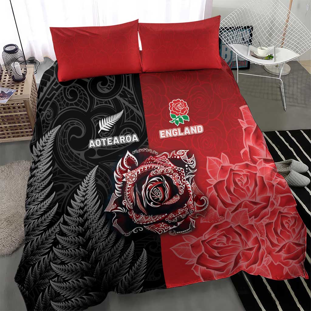 New Zealand And England Rugby Bedding Set Red Rose Mix Maori Pattern - Polynesian Pride