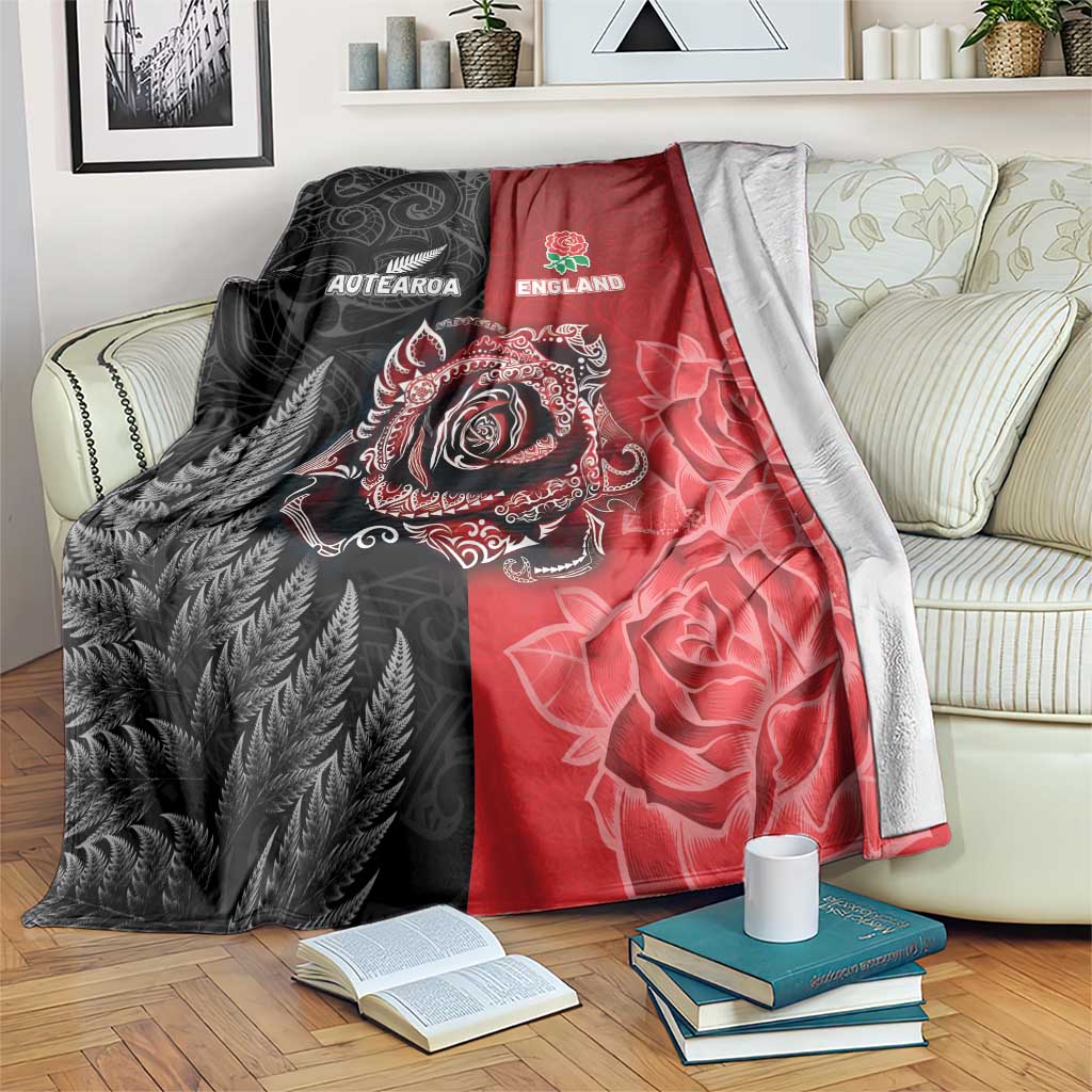 New Zealand And England Rugby Blanket Red Rose Mix Maori Pattern LT05 Black - Polynesian Pride