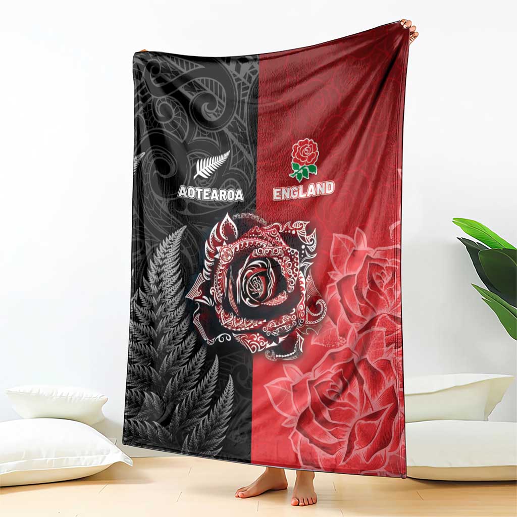 New Zealand And England Rugby Blanket Red Rose Mix Maori Pattern - Polynesian Pride