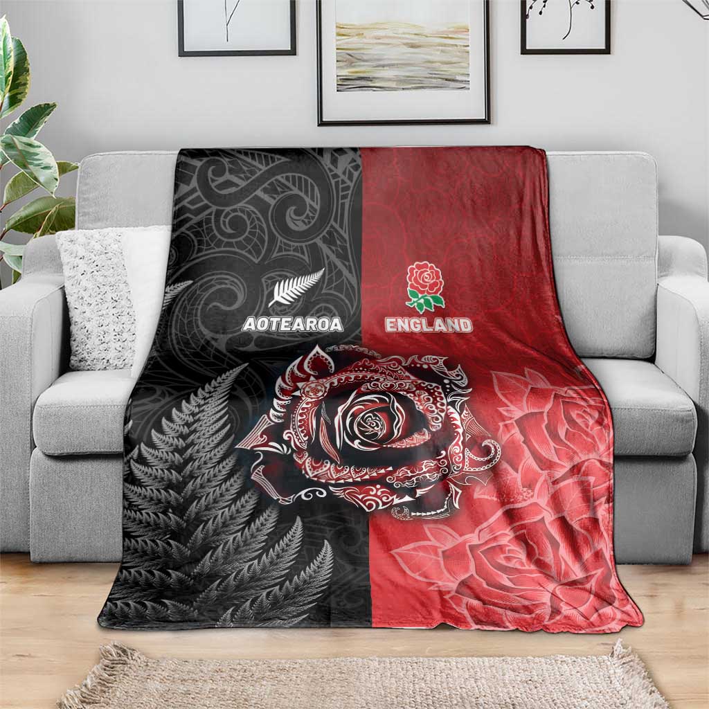 New Zealand And England Rugby Blanket Red Rose Mix Maori Pattern - Polynesian Pride