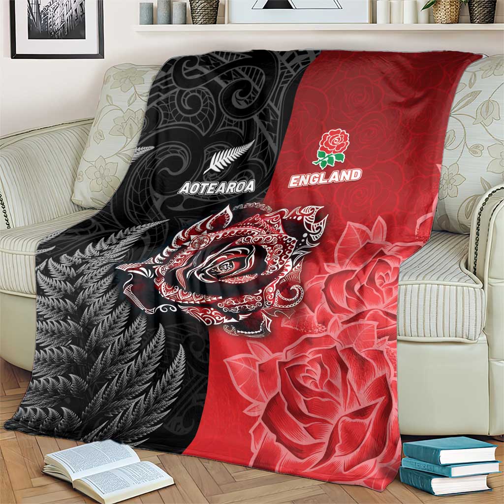 New Zealand And England Rugby Blanket Red Rose Mix Maori Pattern - Polynesian Pride