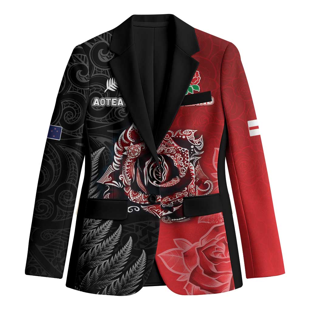New Zealand And England Rugby Custom Blazer Red Rose Mix Maori Pattern LT05 Unisex Black - Polynesian Pride