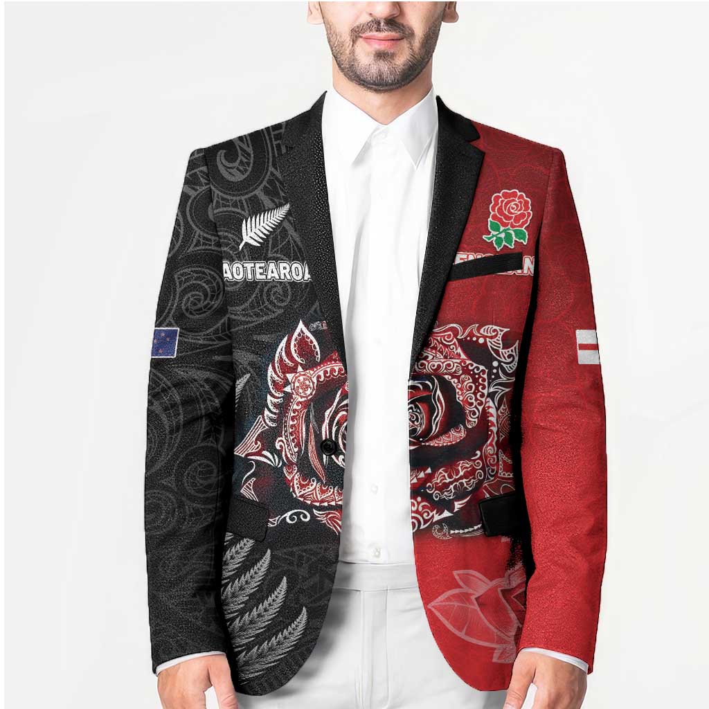 New Zealand And England Rugby Custom Blazer Red Rose Mix Maori Pattern - Polynesian Pride