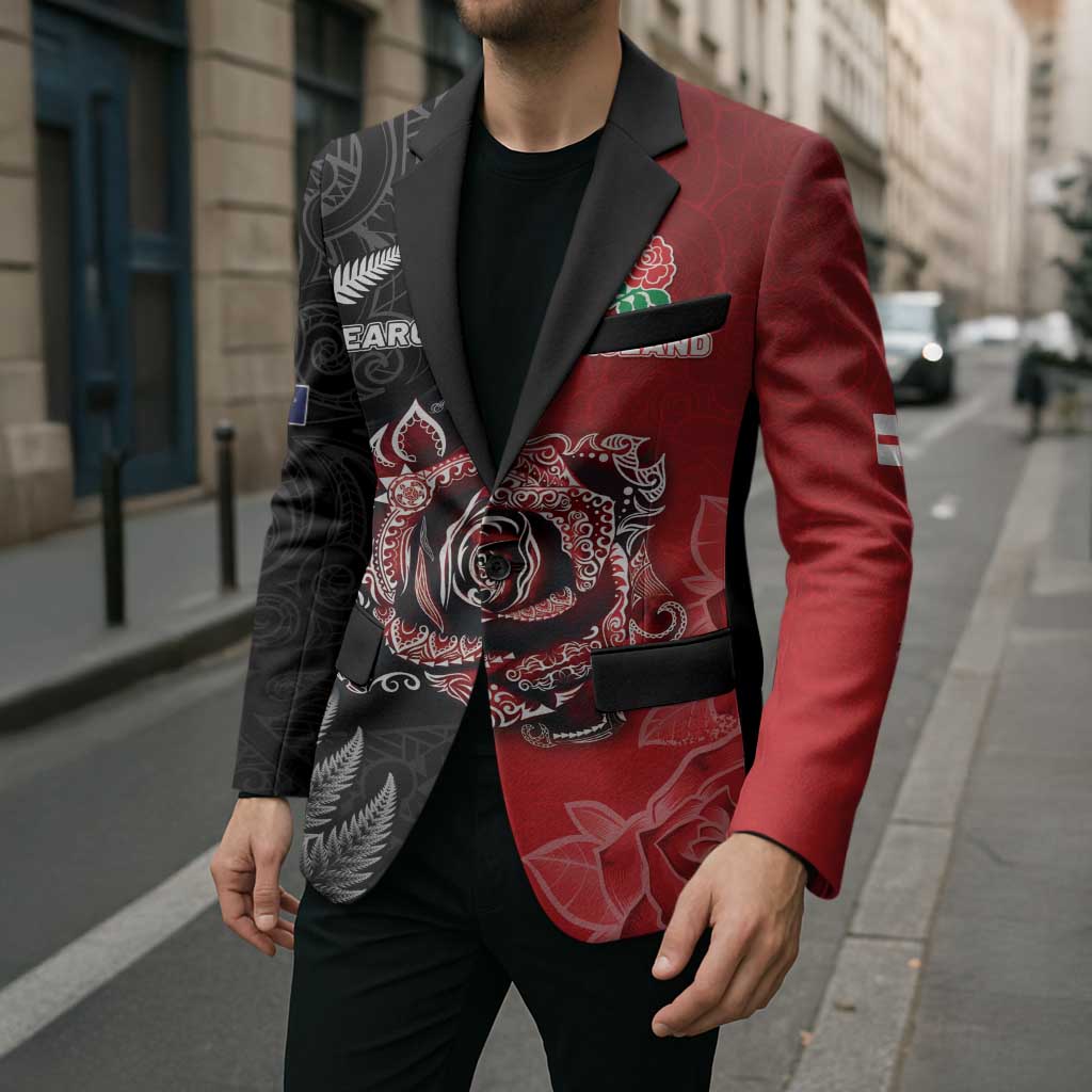 New Zealand And England Rugby Custom Blazer Red Rose Mix Maori Pattern - Polynesian Pride