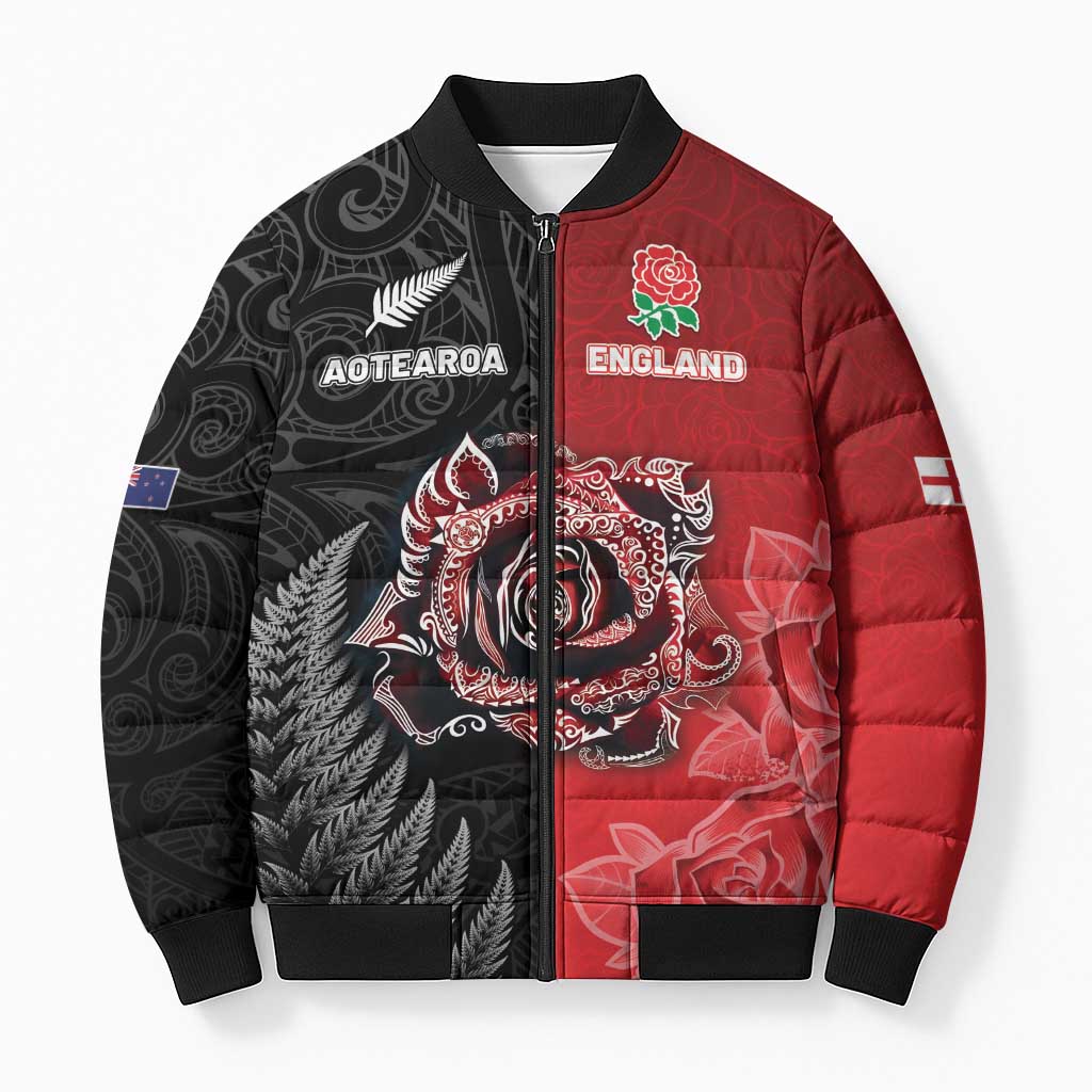 New Zealand And England Rugby Custom Bomber Puffer Jacket Red Rose Mix Maori Pattern LT05 Unisex Black - Polynesian Pride