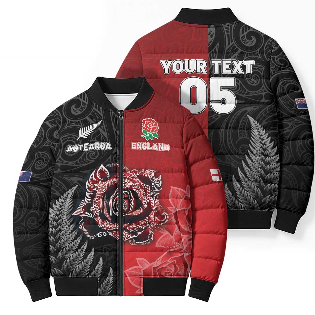New Zealand And England Rugby Custom Bomber Puffer Jacket Red Rose Mix Maori Pattern - Polynesian Pride