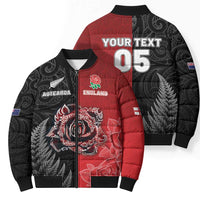 New Zealand And England Rugby Custom Bomber Puffer Jacket Red Rose Mix Maori Pattern - Polynesian Pride