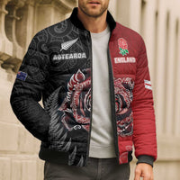 New Zealand And England Rugby Custom Bomber Puffer Jacket Red Rose Mix Maori Pattern - Polynesian Pride