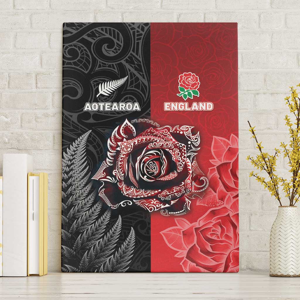 New Zealand And England Rugby Canvas Wall Art Red Rose Mix Maori Pattern LT05 Without Frame Black - Polynesian Pride