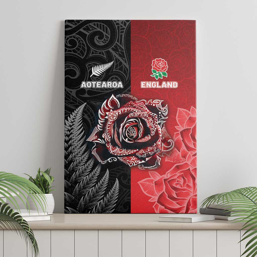 New Zealand And England Rugby Canvas Wall Art Red Rose Mix Maori Pattern - Polynesian Pride