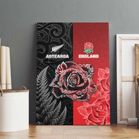 New Zealand And England Rugby Canvas Wall Art Red Rose Mix Maori Pattern - Polynesian Pride