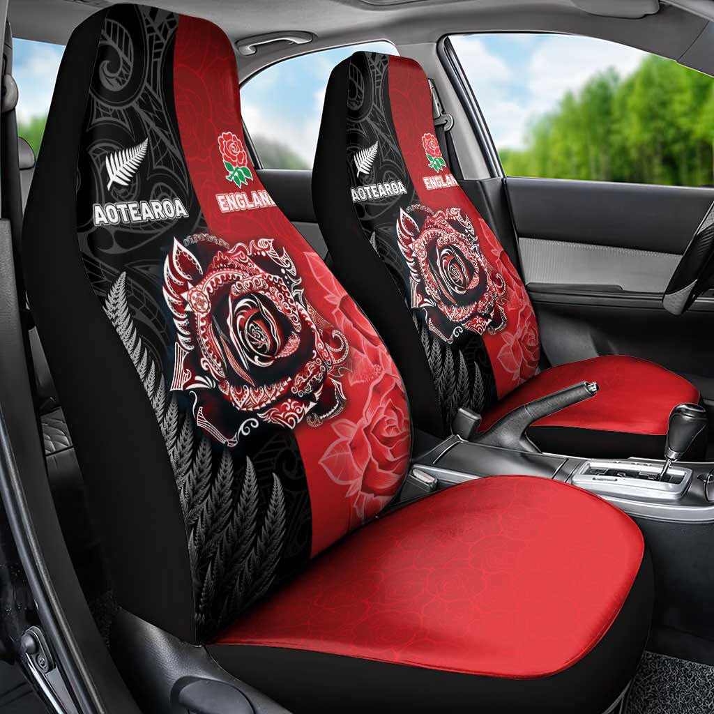 New Zealand And England Rugby Car Seat Cover Red Rose Mix Maori Pattern - Polynesian Pride
