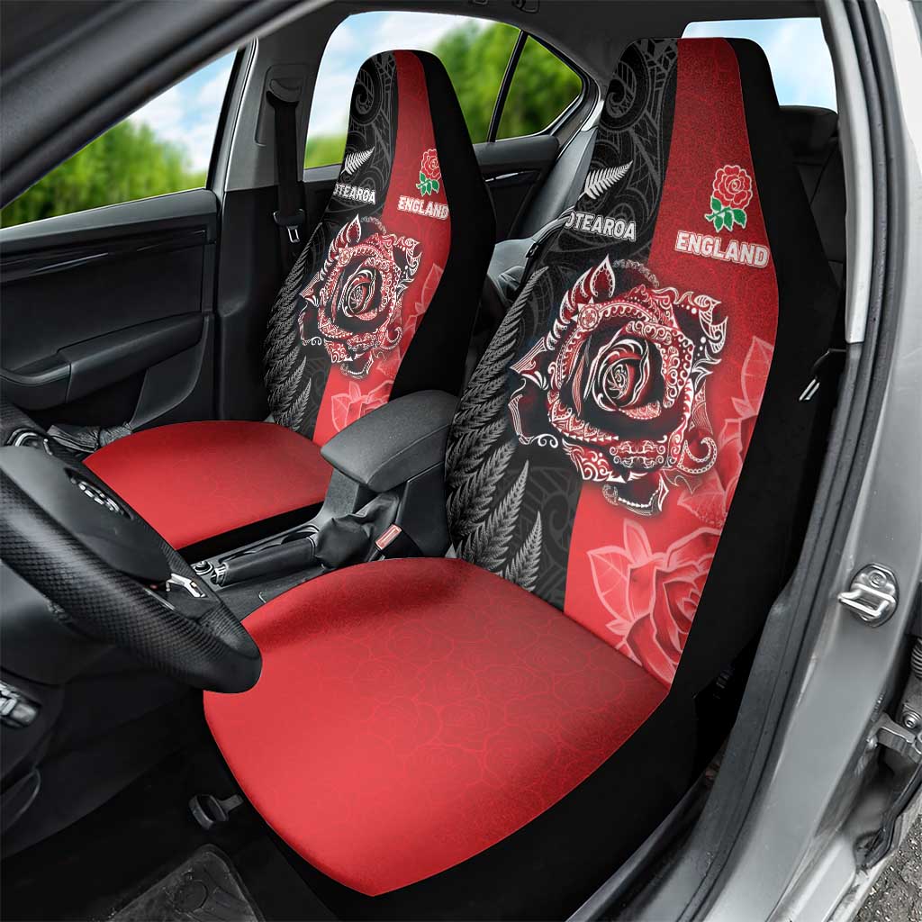 New Zealand And England Rugby Car Seat Cover Red Rose Mix Maori Pattern - Polynesian Pride
