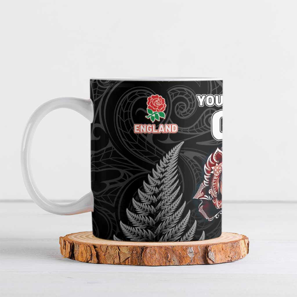 New Zealand And England Rugby Custom Ceramic Mug Red Rose Mix Maori Pattern - Polynesian Pride