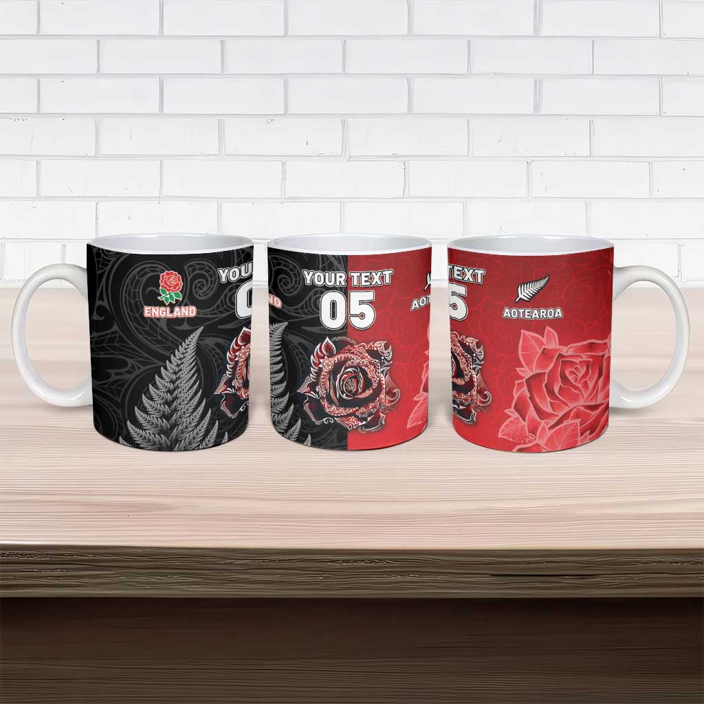 New Zealand And England Rugby Custom Ceramic Mug Red Rose Mix Maori Pattern - Polynesian Pride