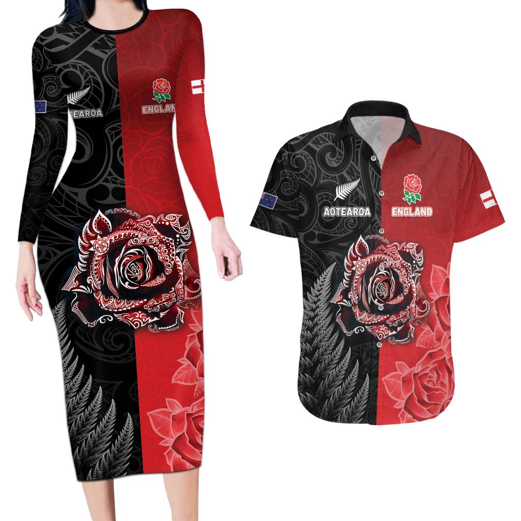 New Zealand And England Rugby Custom Couples Matching Long Sleeve Bodycon Dress and Hawaiian Shirt Red Rose Mix Maori Pattern LT05 Black - Polynesian Pride