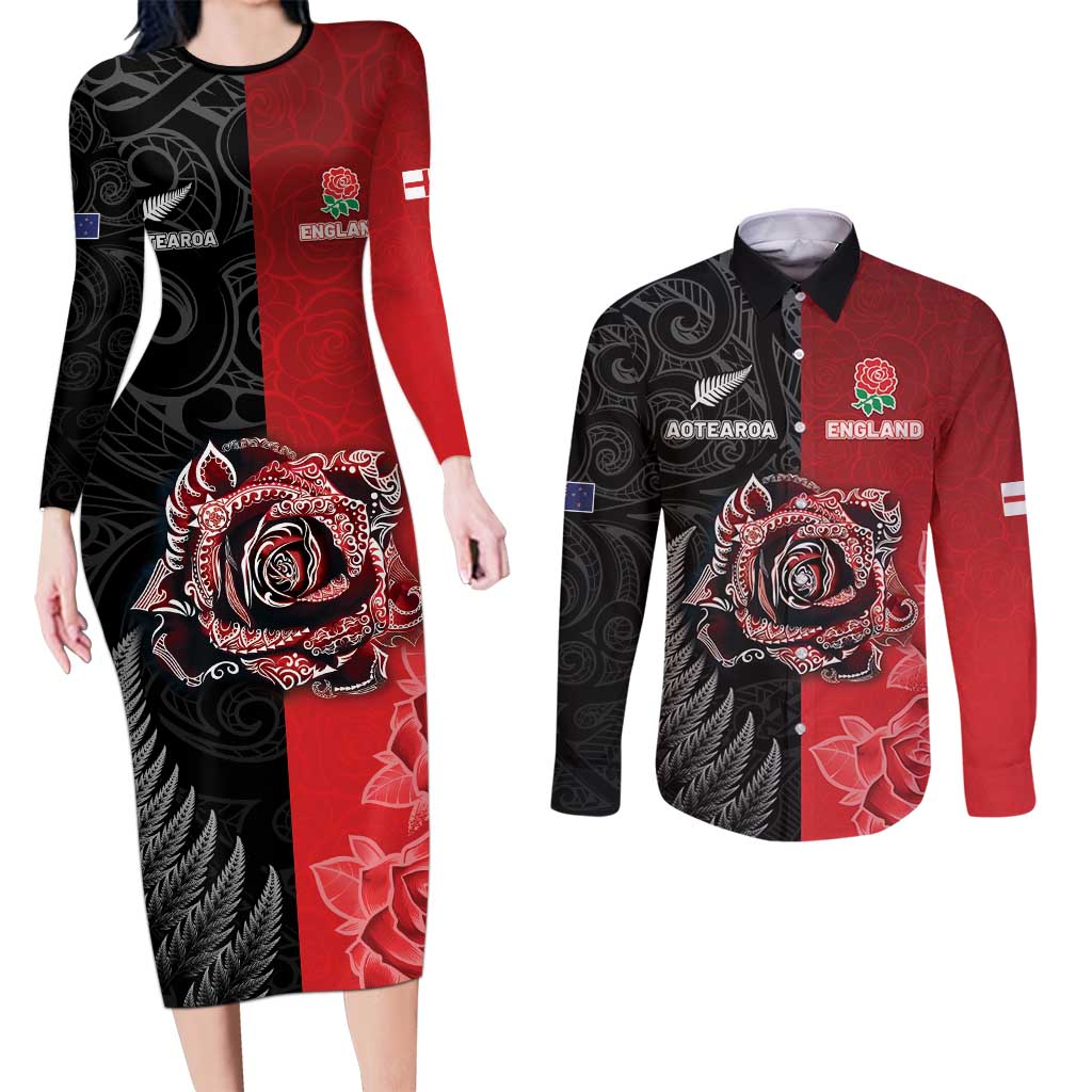 New Zealand And England Rugby Custom Couples Matching Long Sleeve Bodycon Dress and Long Sleeve Button Shirt Red Rose Mix Maori Pattern LT05 Black - Polynesian Pride