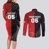 New Zealand And England Rugby Custom Couples Matching Long Sleeve Bodycon Dress and Long Sleeve Button Shirt Red Rose Mix Maori Pattern - Polynesian Pride