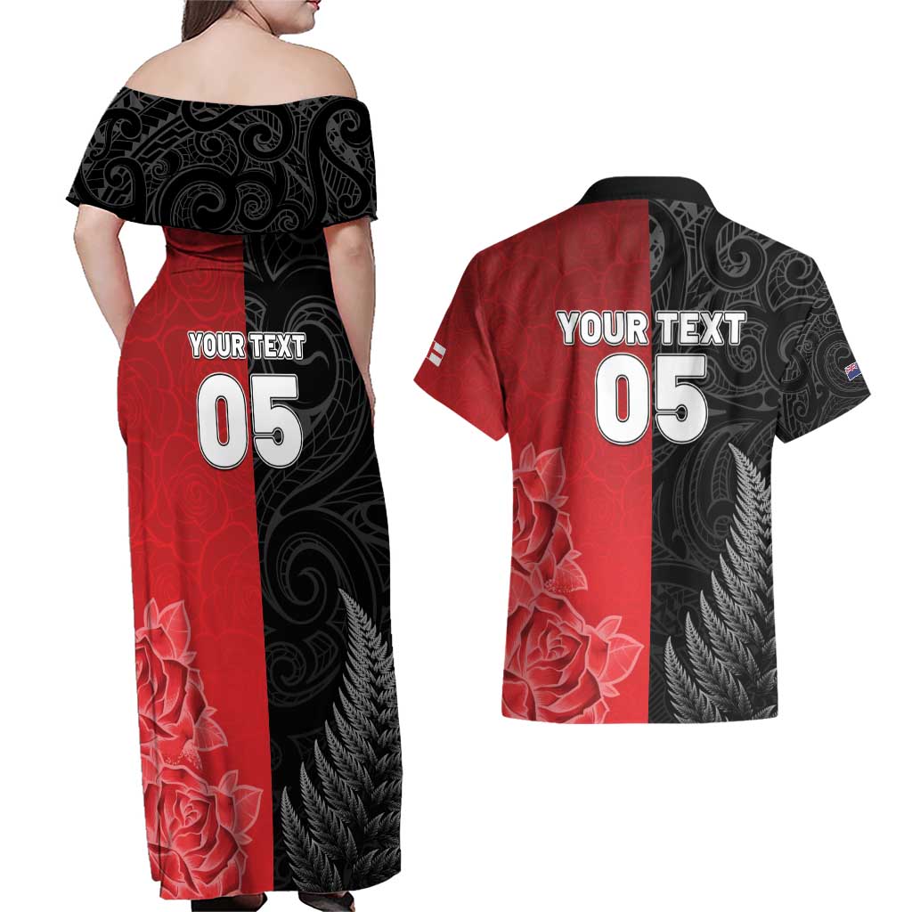 New Zealand And England Rugby Custom Couples Matching Off Shoulder Maxi Dress and Hawaiian Shirt Red Rose Mix Maori Pattern - Polynesian Pride