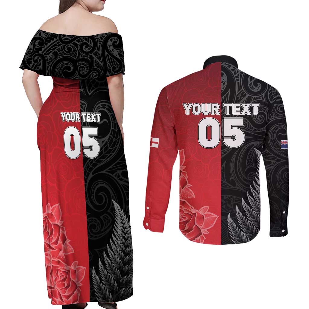 New Zealand And England Rugby Custom Couples Matching Off Shoulder Maxi Dress and Long Sleeve Button Shirt Red Rose Mix Maori Pattern - Polynesian Pride
