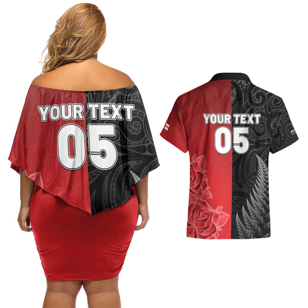 New Zealand And England Rugby Custom Couples Matching Off Shoulder Short Dress and Hawaiian Shirt Red Rose Mix Maori Pattern - Polynesian Pride