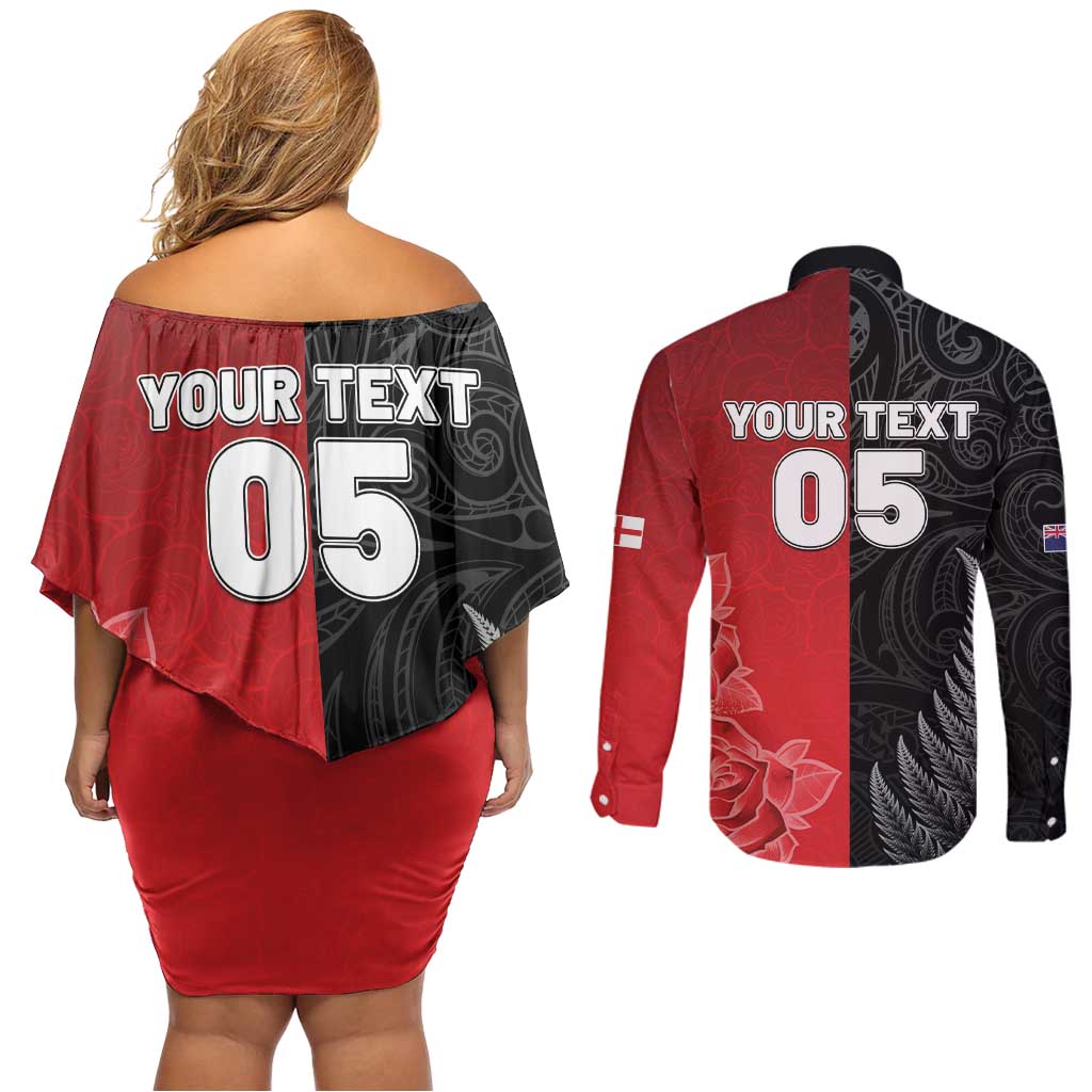 New Zealand And England Rugby Custom Couples Matching Off Shoulder Short Dress and Long Sleeve Button Shirt Red Rose Mix Maori Pattern - Polynesian Pride